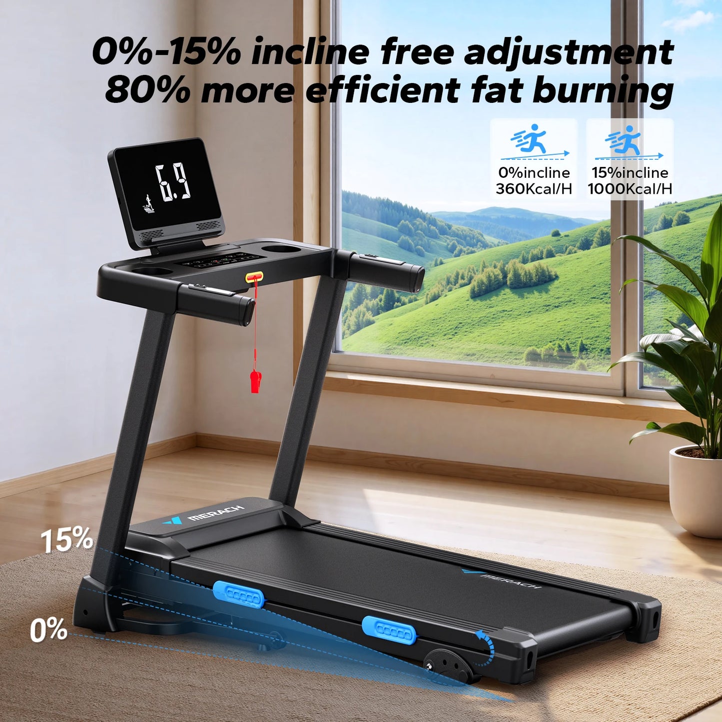Quiet Foldable Treadmill w/ Shock Cushion, Heart Rate Monitoring