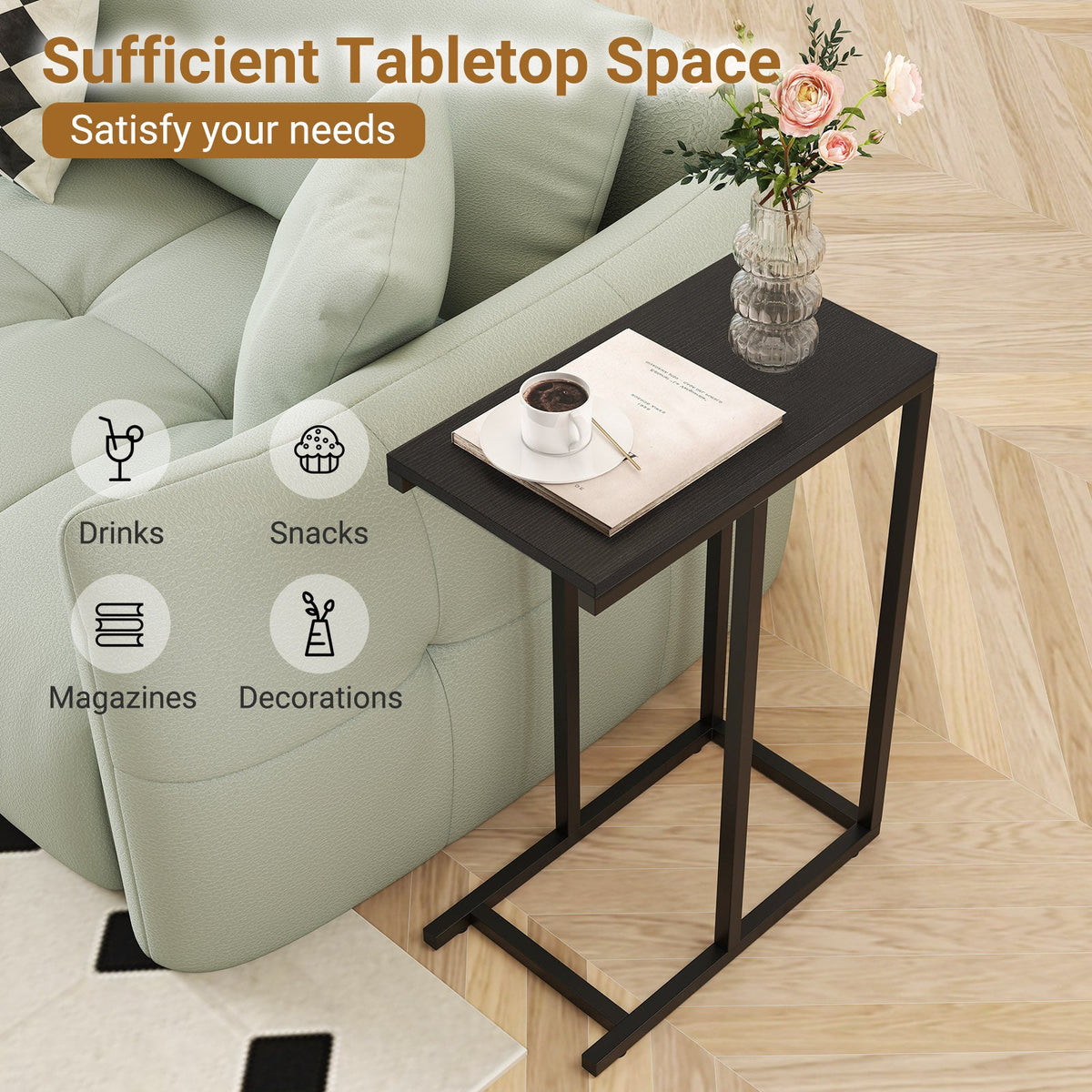 C-shaped End Table Slide Under Couch TV Tray for Coffee Laptop Tablet