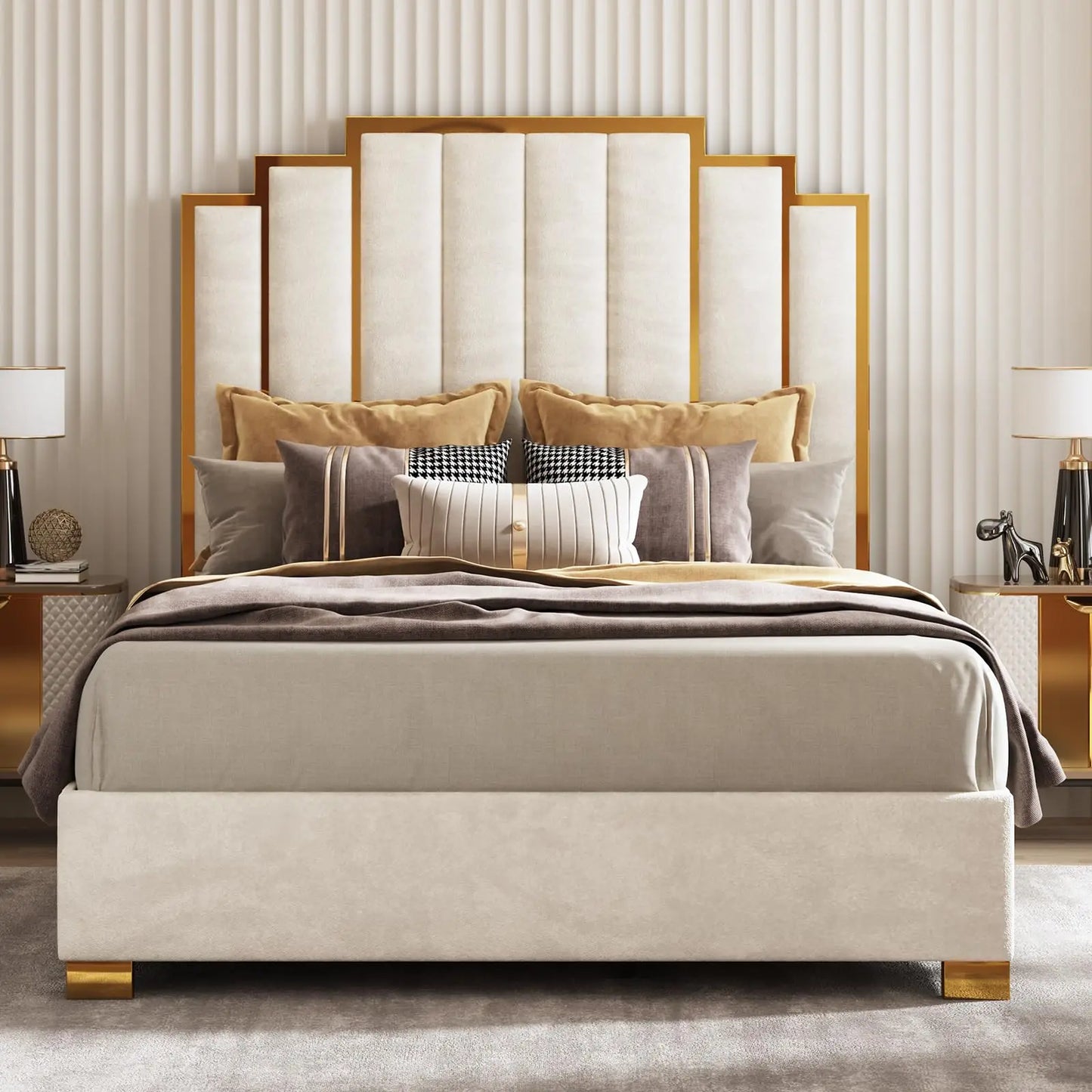 King Size Upholstered Bed, Modern Velvet Frame