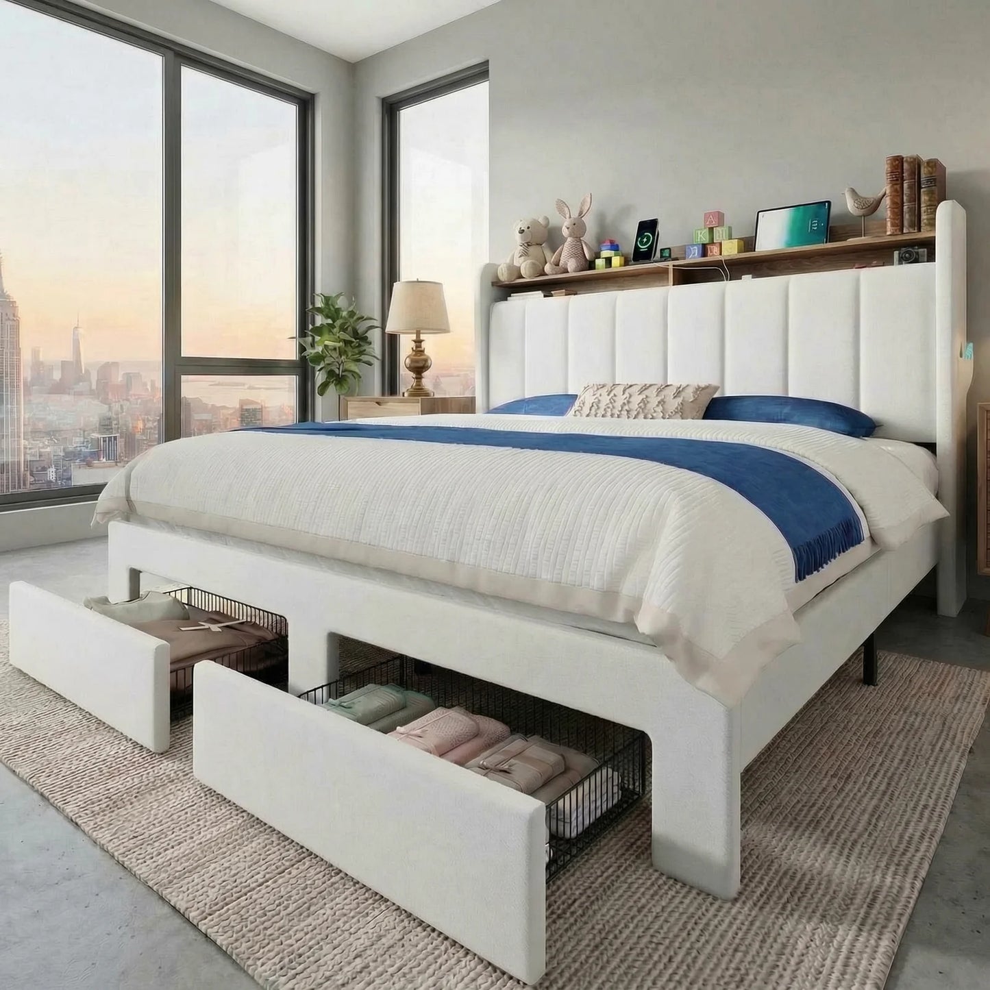 Bed Frame, 2 Storage Drawers/Tier Shelves