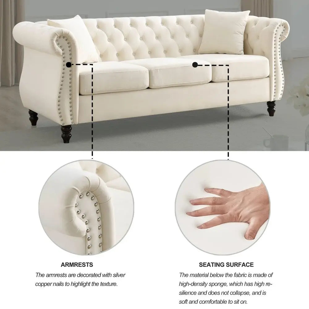 Chesterfield Loveseat Velvet, Two Pillows,Rolled Arms