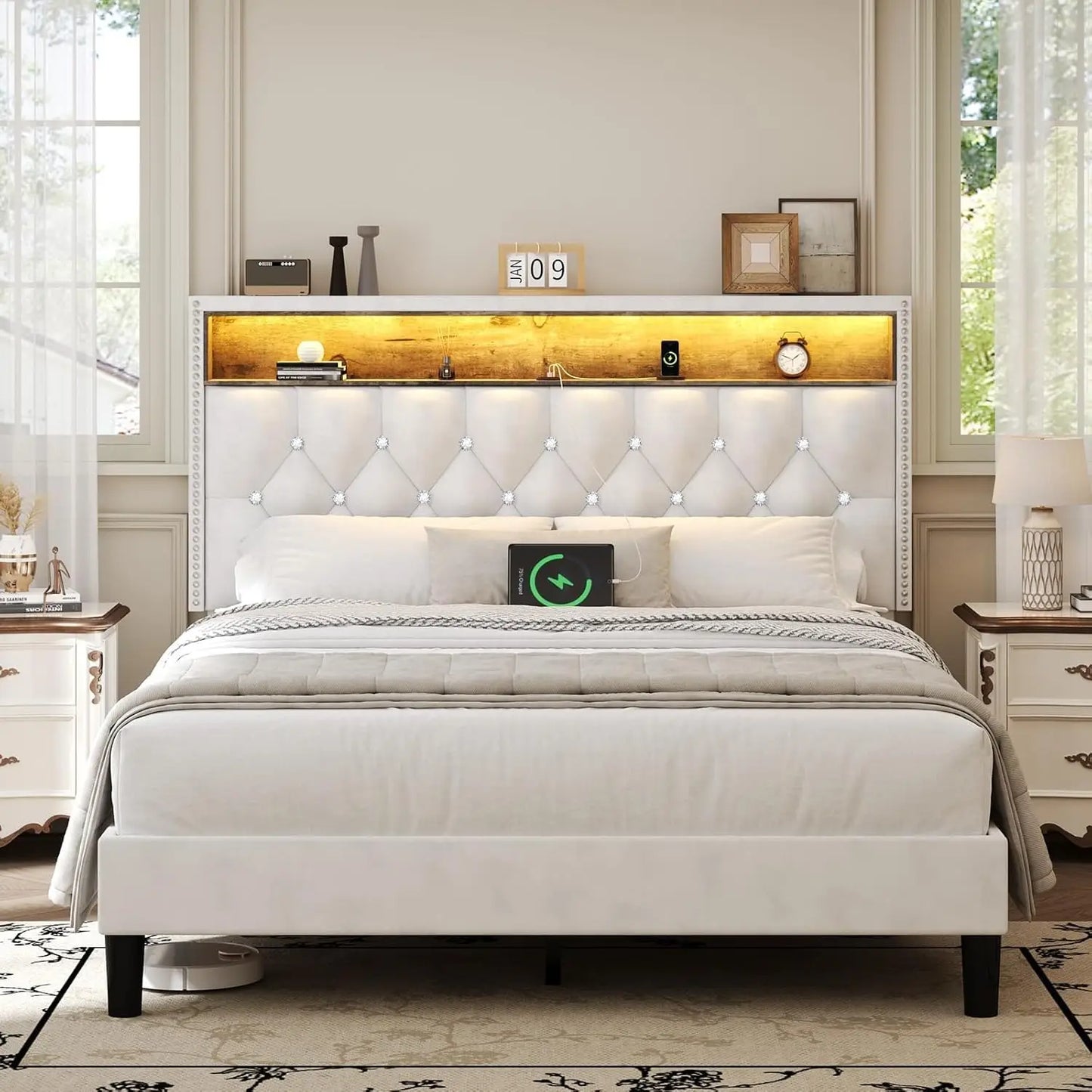 Queen LED Upholstered Bed Frame with Headboard