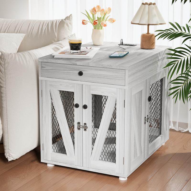 Dog Crate End Table Furniture with Drawer & USB Charging | Wooden Dog Kennel for Medium Dogs