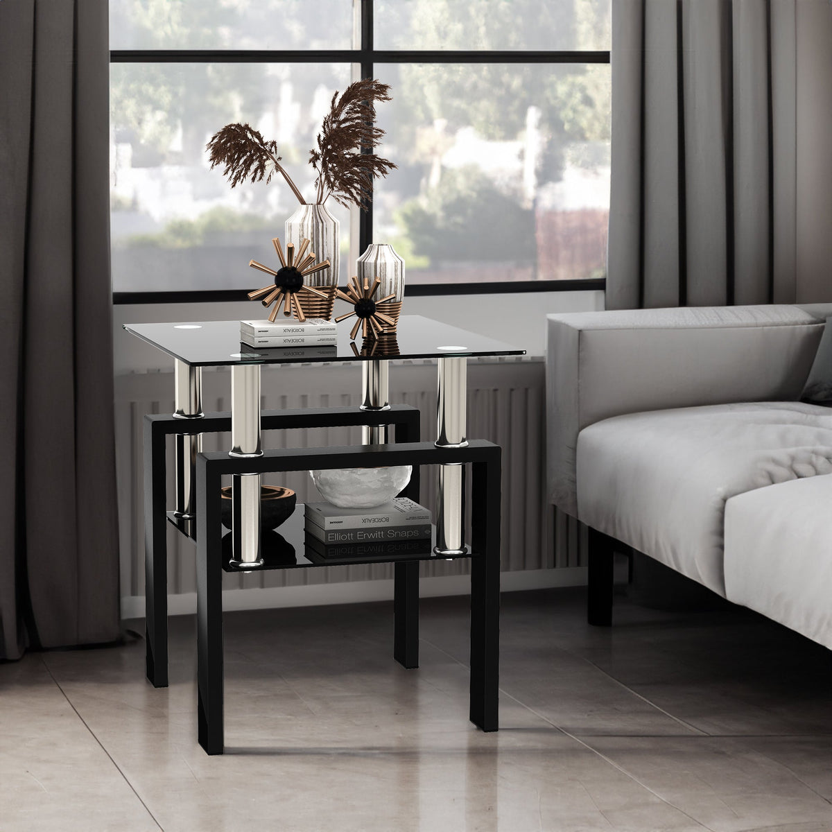 1-Piece Modern Tempered Glass Tea Table Coffee Table End Table, Square Table for Living Room, Black