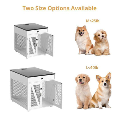 Dog Crate End Table Furniture with Drawer & USB Charging | Wooden Dog Kennel for Medium Dogs