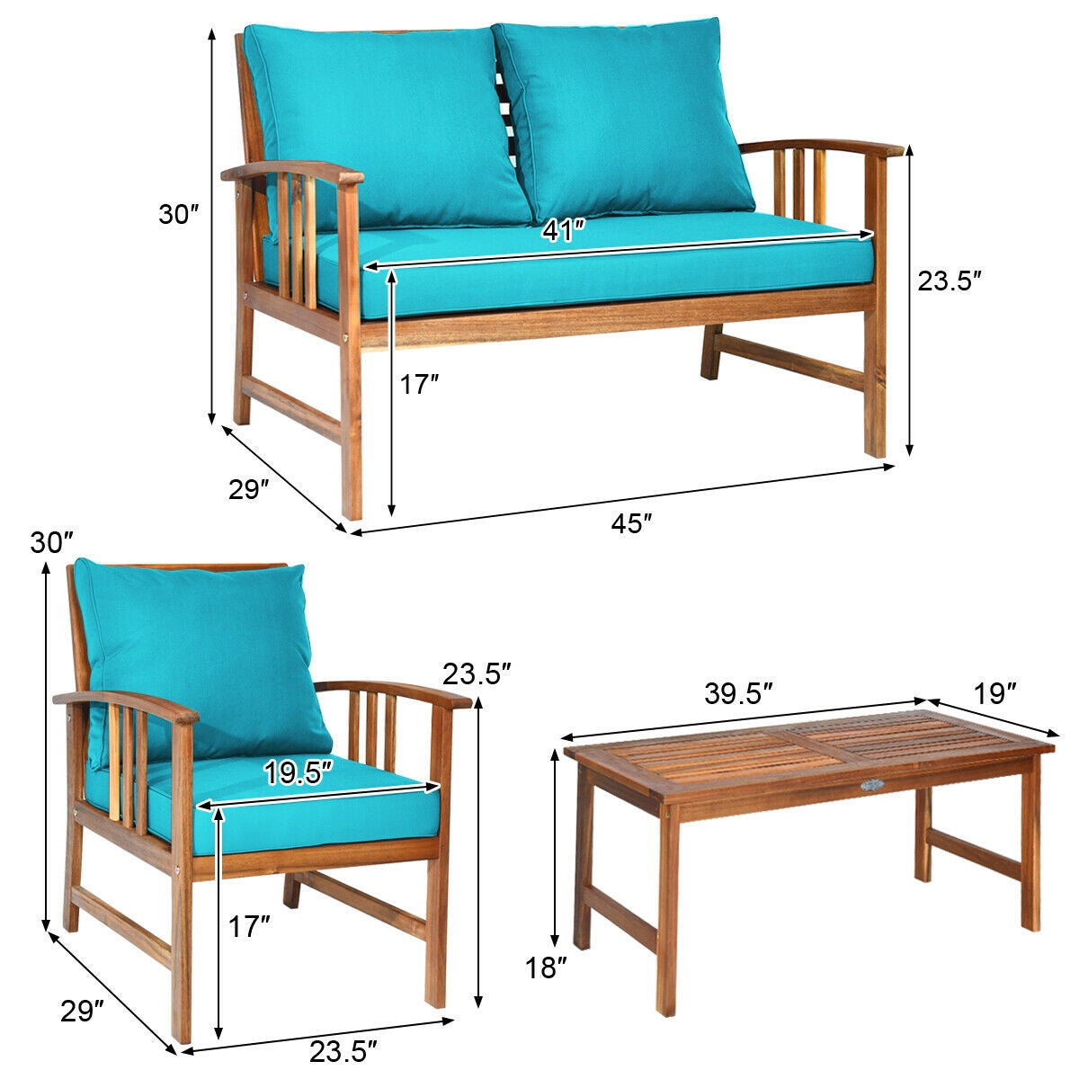 4 Pcs Wooden Patio Furniture Set Table Sofa Chair Cushioned Garden
