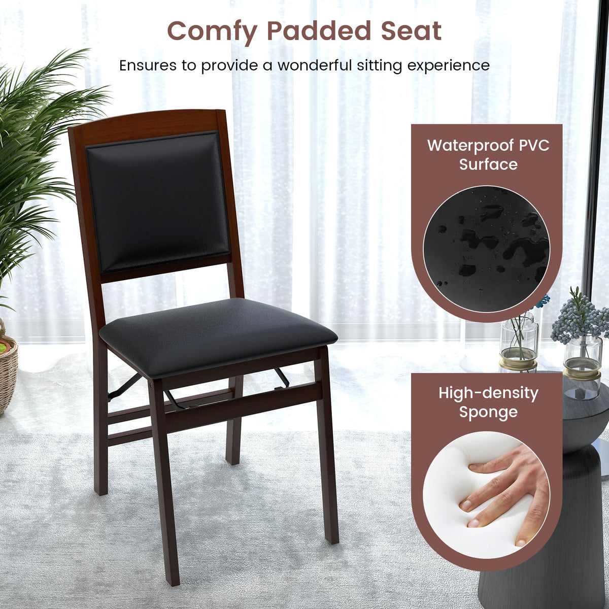 Set of 2 Folding Dining Chairs with Padded Seat and High Backrest-Brown