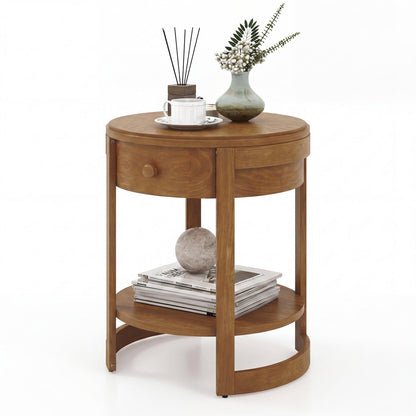 Round End Table with Drawer - 2-Tier Mid Century Modern