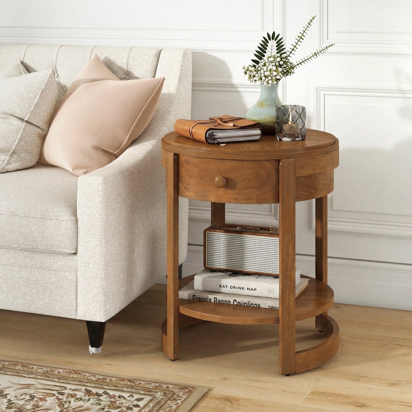 Round End Table with Drawer - 2-Tier Mid Century Modern