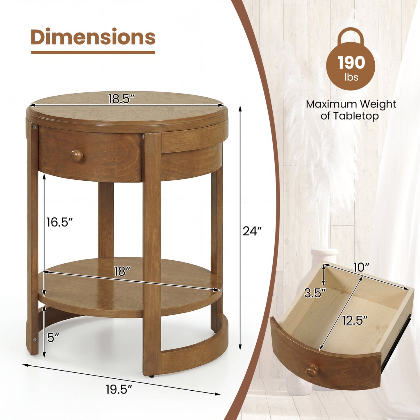 Round End Table with Drawer - 2-Tier Mid Century Modern