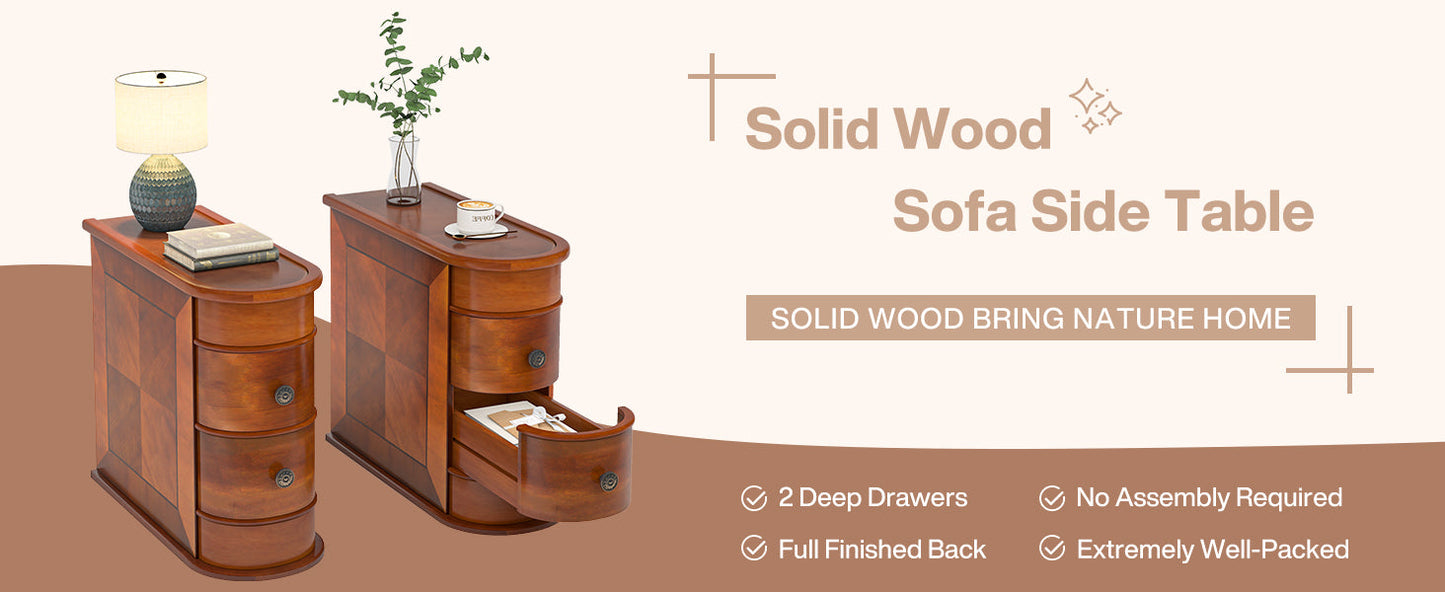 10.8" Solid Wood Narrow End Table with 2 Drawers