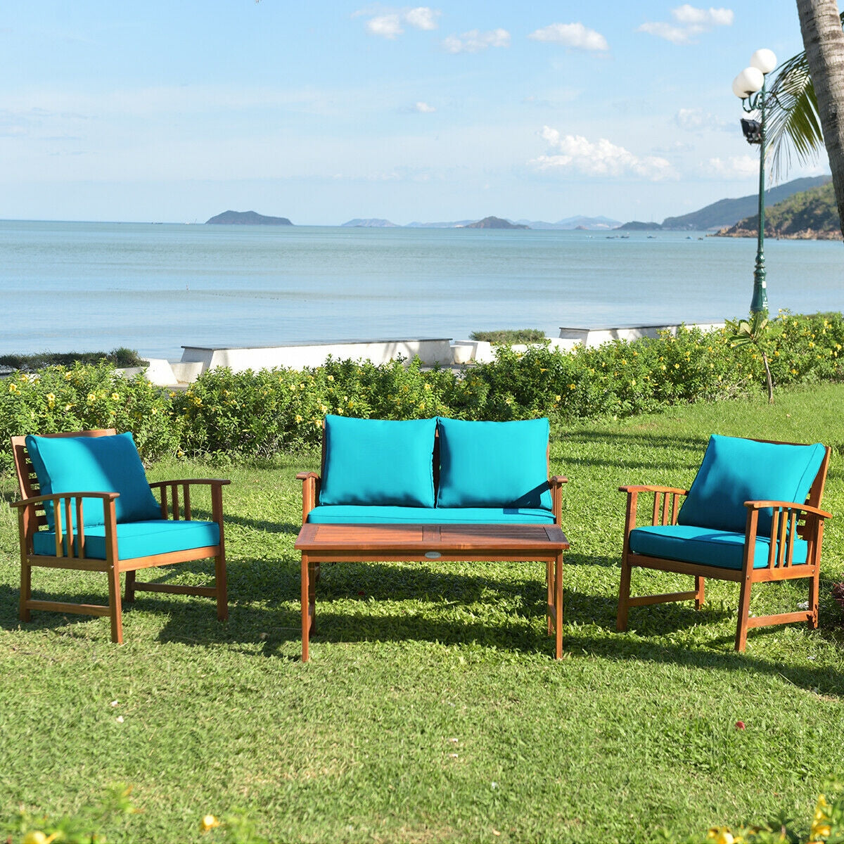 4 Pcs Wooden Patio Furniture Set Table Sofa Chair Cushioned Garden