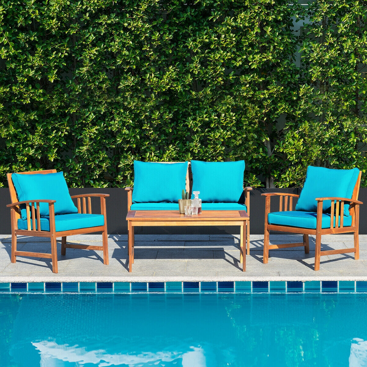 4 Pcs Wooden Patio Furniture Set Table Sofa Chair Cushioned Garden
