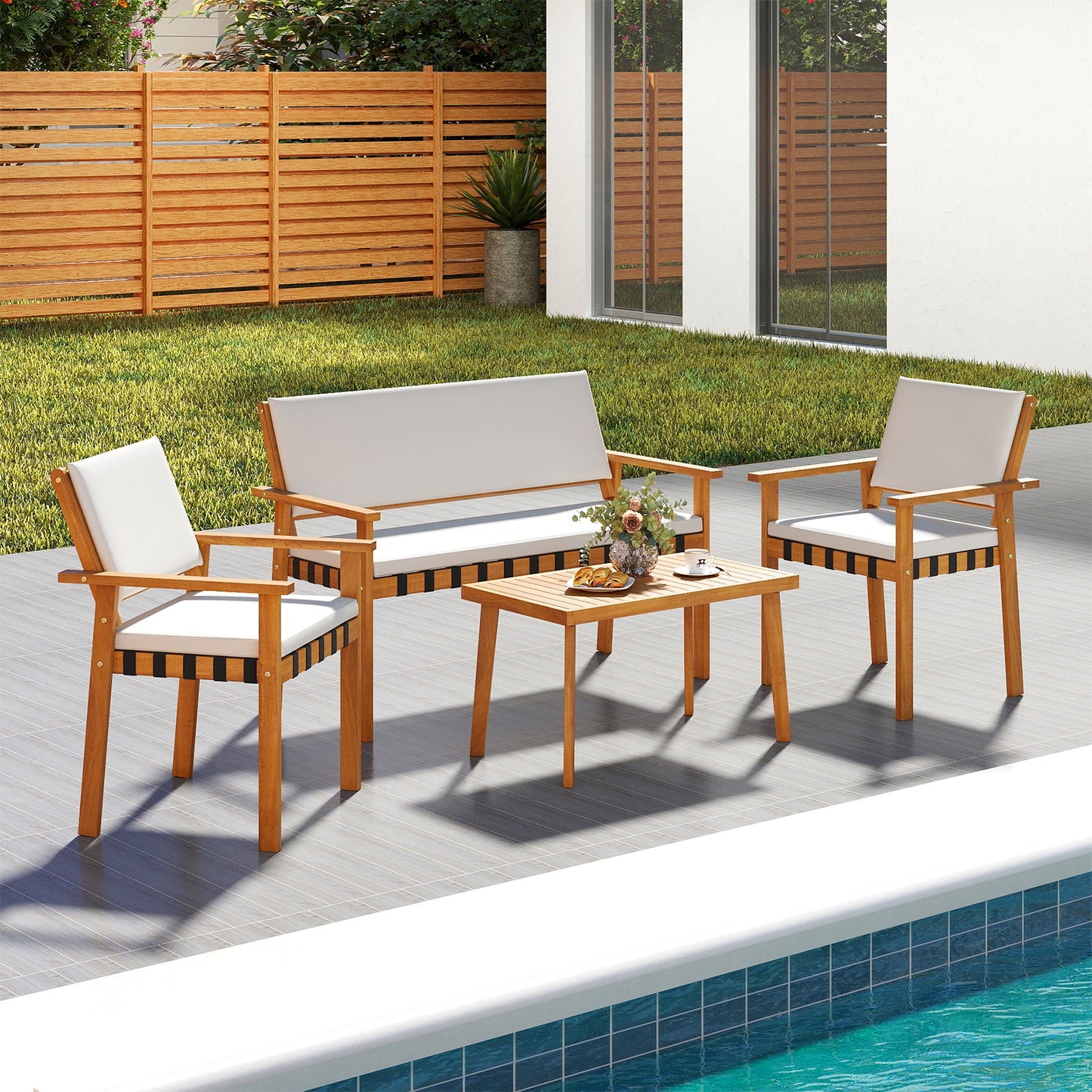 4 Piece Patio Furniture Set with Coffee Table for Backyard and Garden-White
