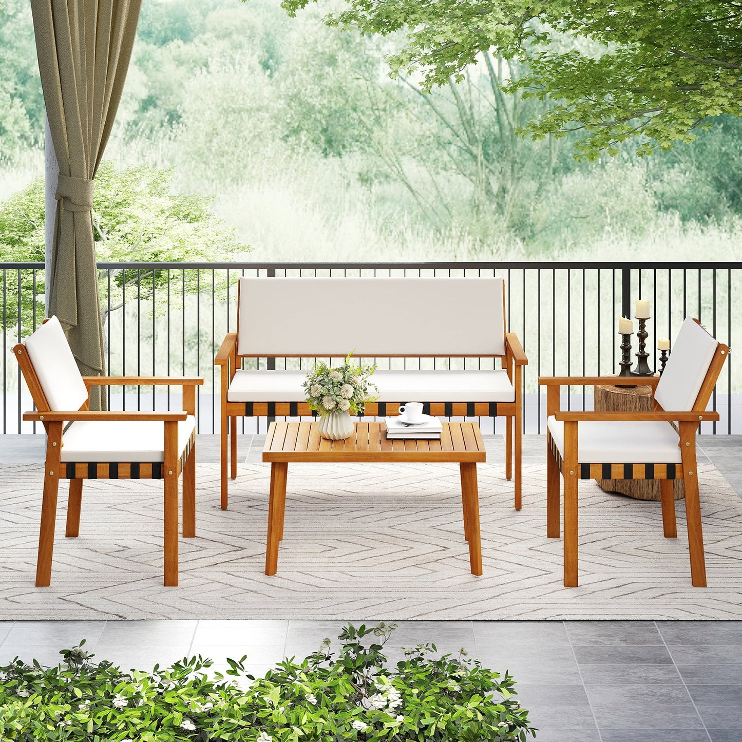 4 Piece Patio Furniture Set with Coffee Table for Backyard and Garden-White