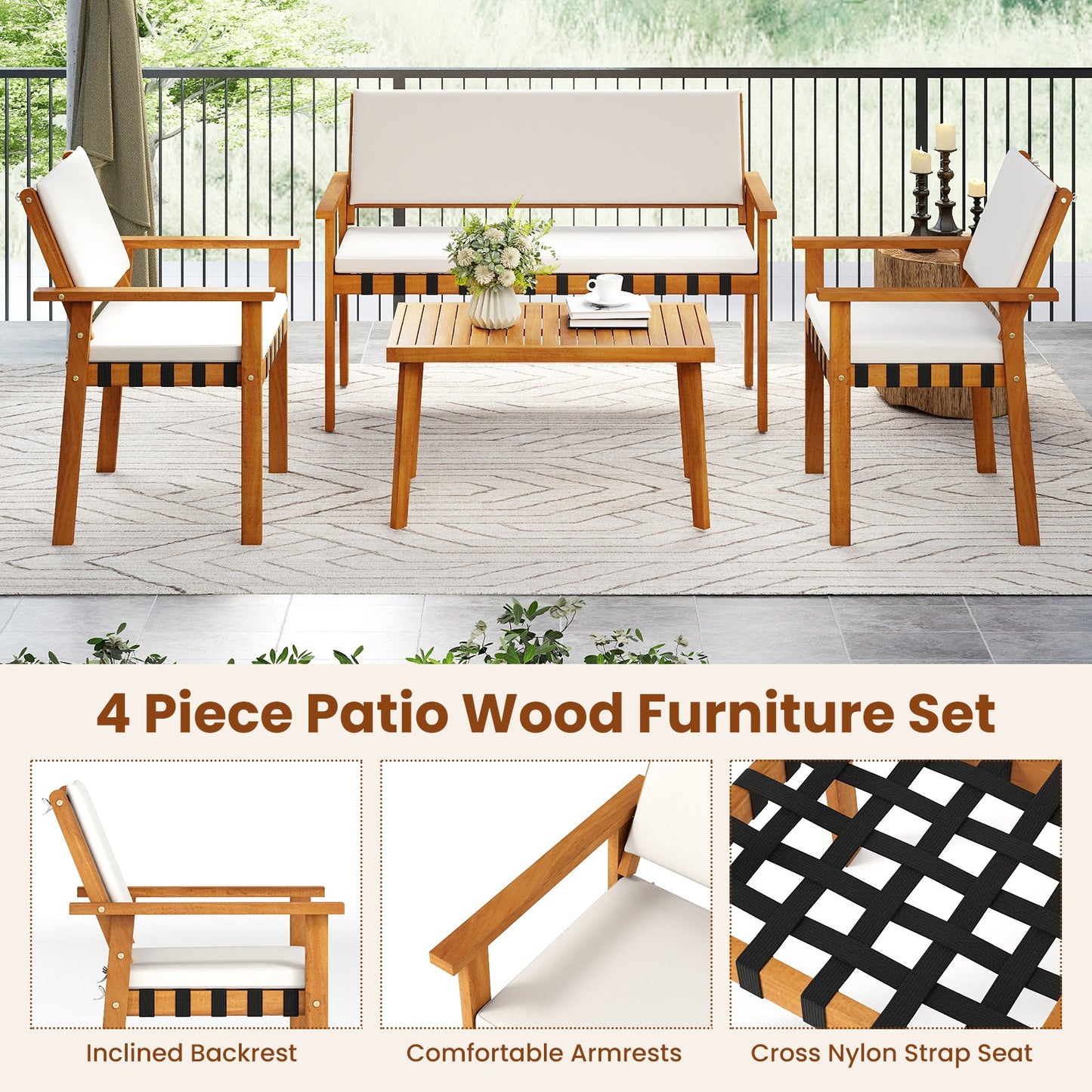 4 Piece Patio Furniture Set with Coffee Table for Backyard and Garden-White