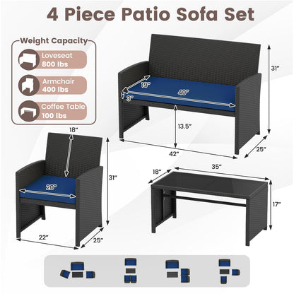 4 Pieces Patio Furniture Set with Tempered Glass Tabletop and Removable Cushion