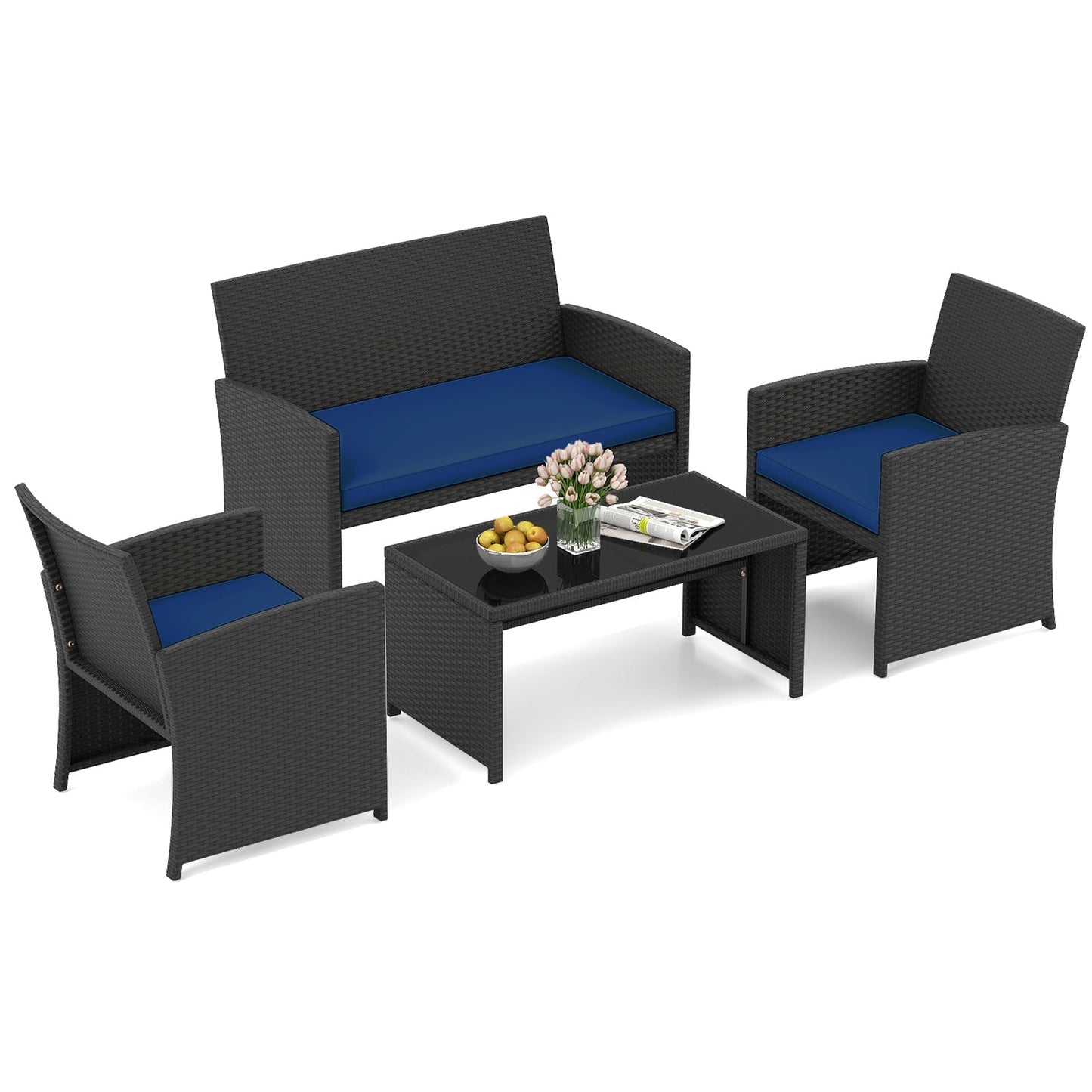4 Pieces Patio Furniture Set with Tempered Glass Tabletop and Removable Cushion