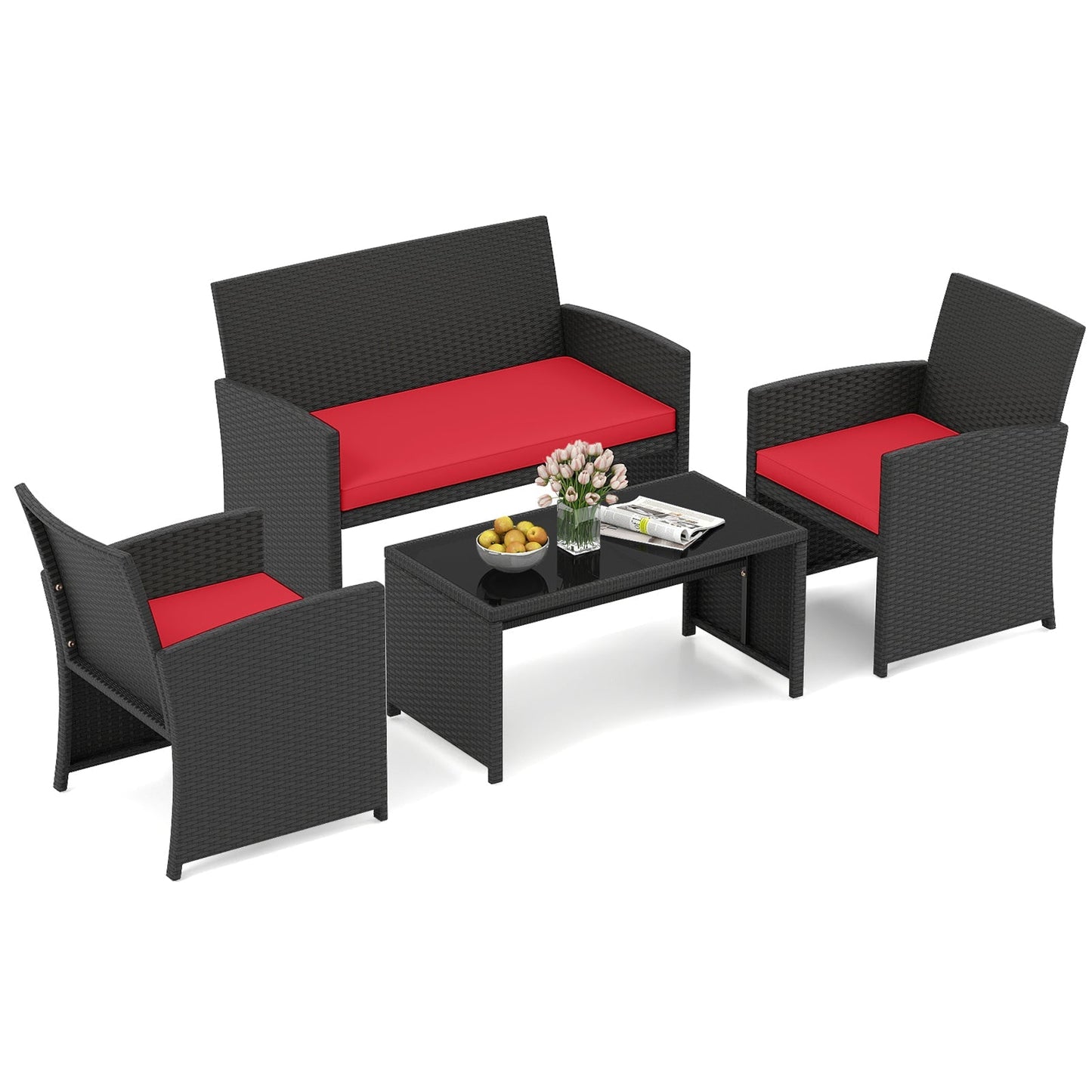 4 Pieces Patio Furniture Set with Tempered Glass Tabletop and Removable Cushion