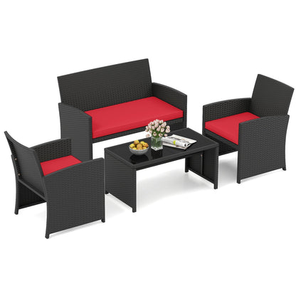 4 Pieces Patio Furniture Set with Tempered Glass Tabletop and Removable Cushion