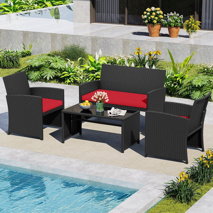4 Pieces Patio Furniture Set with Tempered Glass Tabletop and Removable Cushion