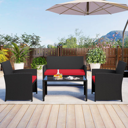 4 Pieces Patio Furniture Set with Tempered Glass Tabletop and Removable Cushion