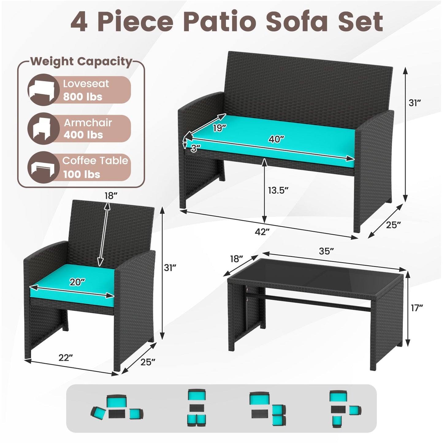 4 Pieces Patio Furniture Set with Tempered Glass Tabletop and Removable Cushion
