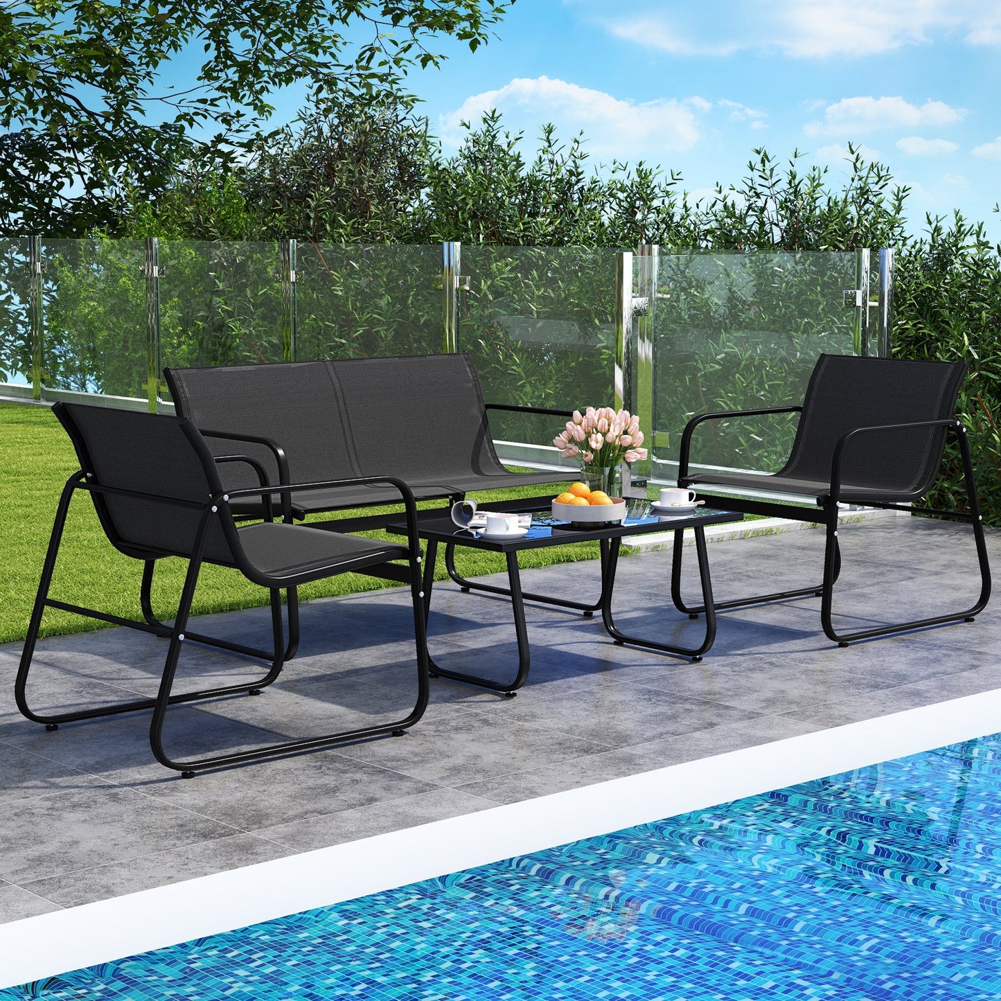 4 Pieces Patio Furniture Set Fabric Lawn Chairs and Loveseat with Glass Coffee Table