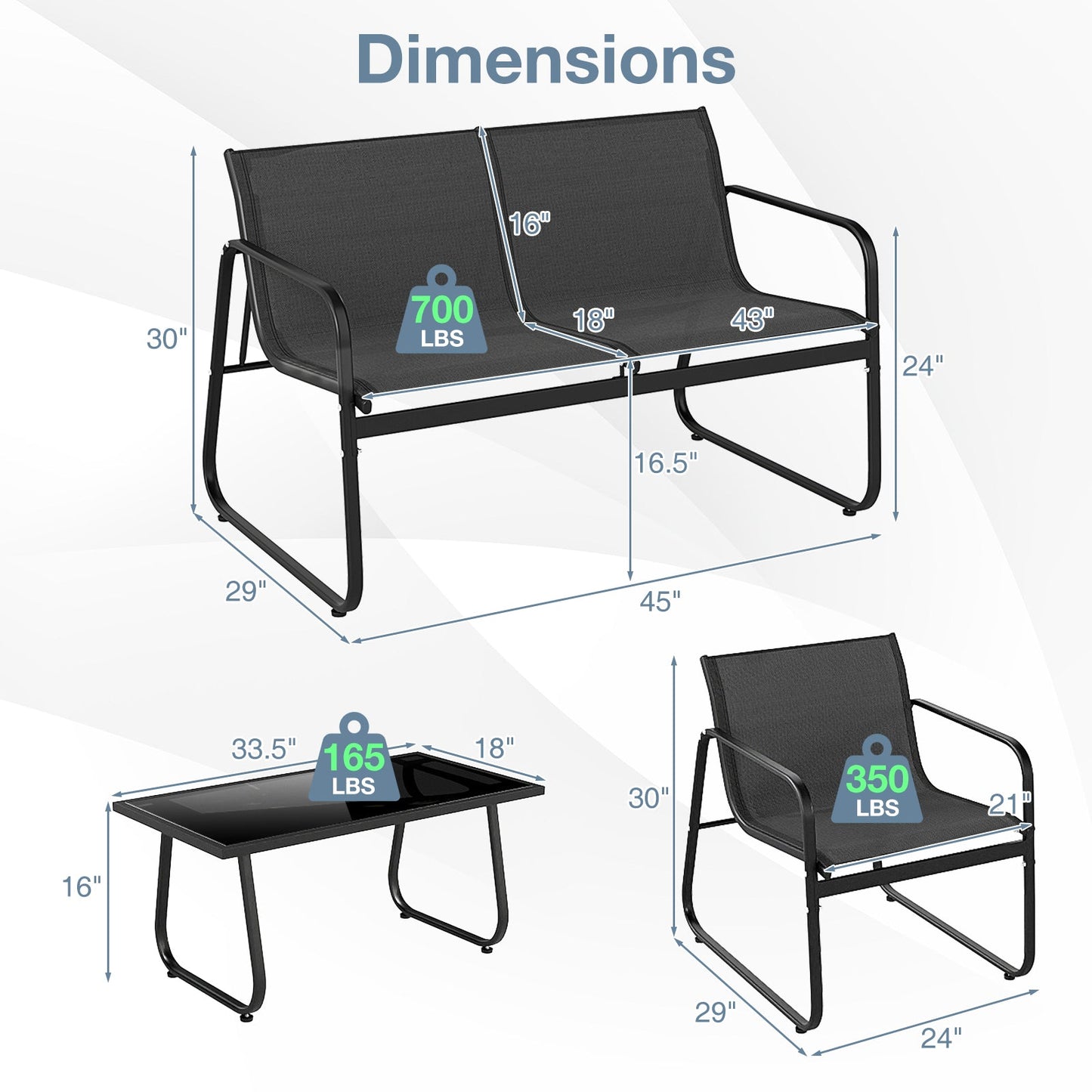 4 Pieces Patio Furniture Set Fabric Lawn Chairs and Loveseat with Glass Coffee Table