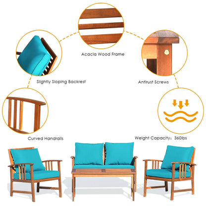 4 Pcs Wooden Patio Furniture Set Table Sofa Chair Cushioned Garden