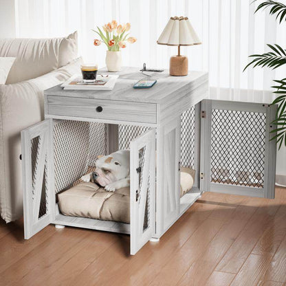 Dog Crate End Table Furniture with Drawer & USB Charging | Wooden Dog Kennel for Medium Dogs