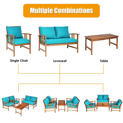 4 Pcs Wooden Patio Furniture Set Table Sofa Chair Cushioned Garden