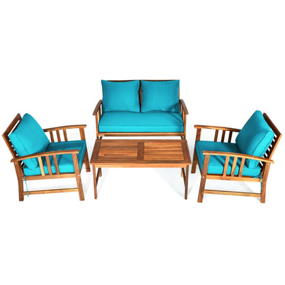 4 Pcs Wooden Patio Furniture Set Table Sofa Chair Cushioned Garden