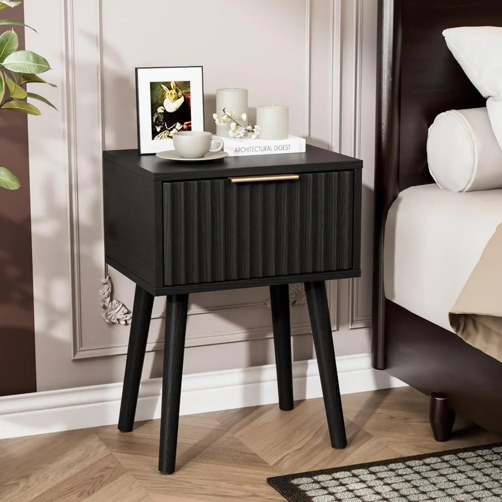 Black Nightstands Set of 2 with Fabric Drawers