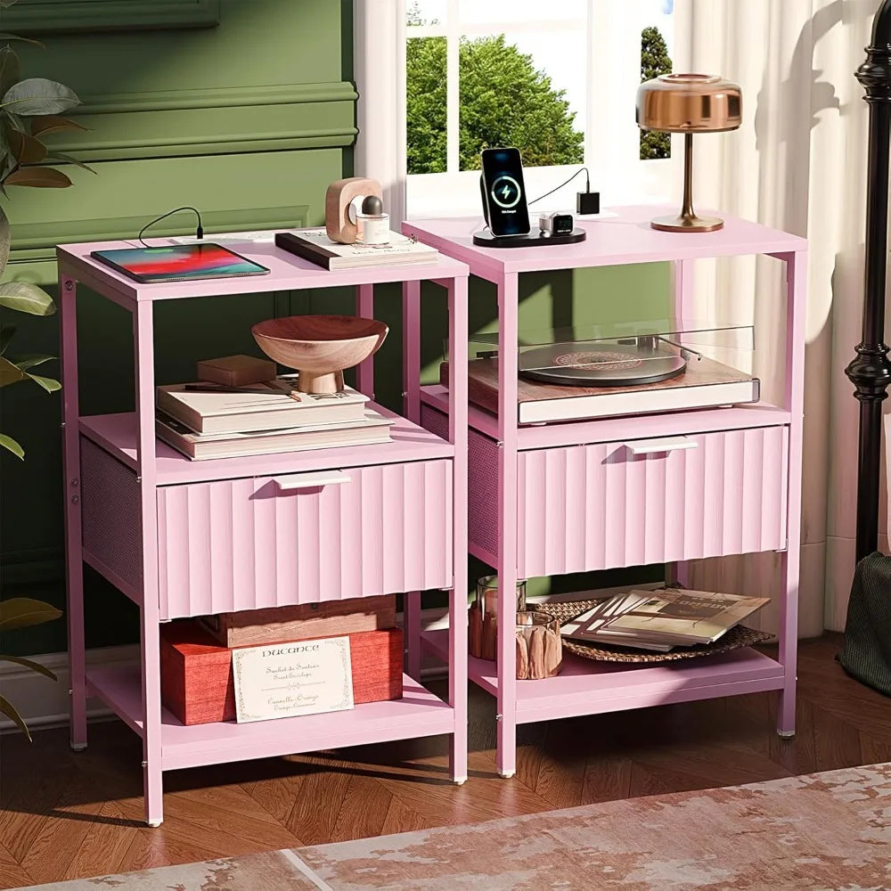 Black Nightstands Set of 2 with Fabric Drawers