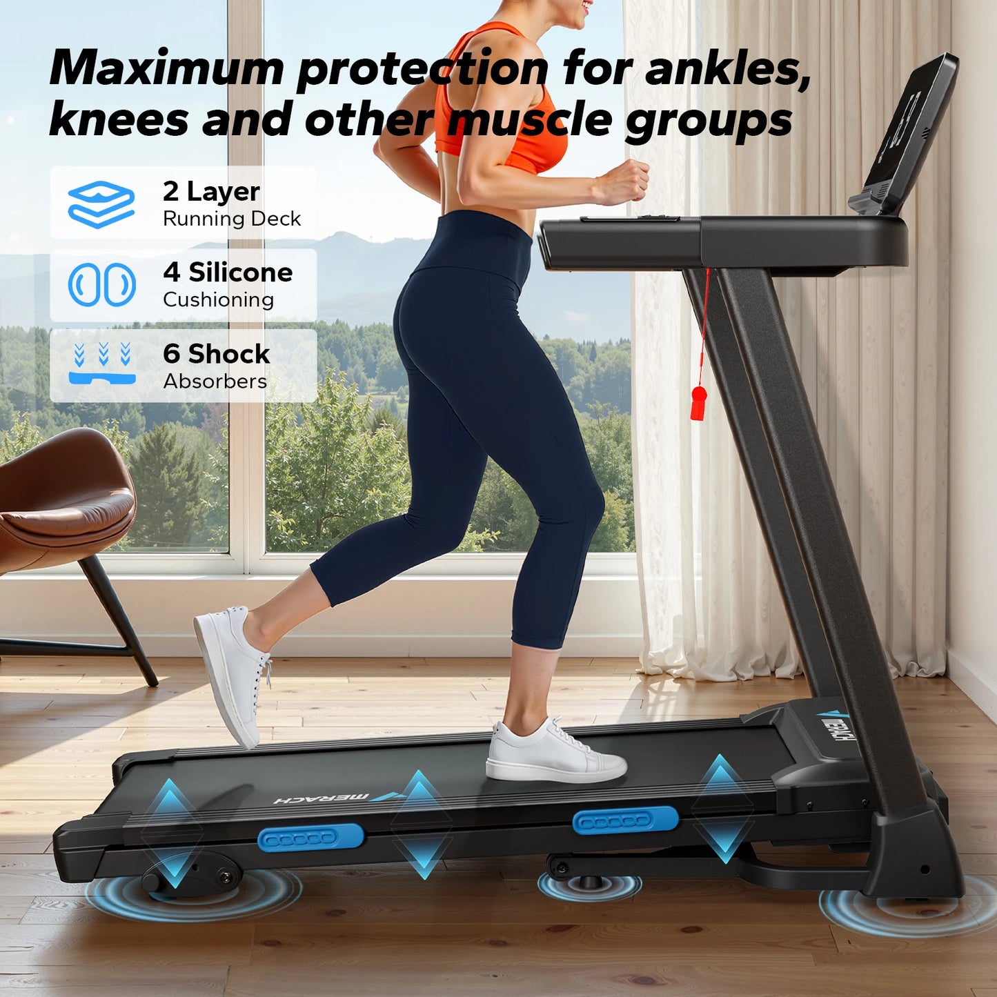 Quiet Foldable Treadmill w/ Shock Cushion, Heart Rate Monitoring