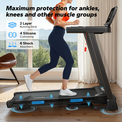 Quiet Foldable Treadmill w/ Shock Cushion, Heart Rate Monitoring