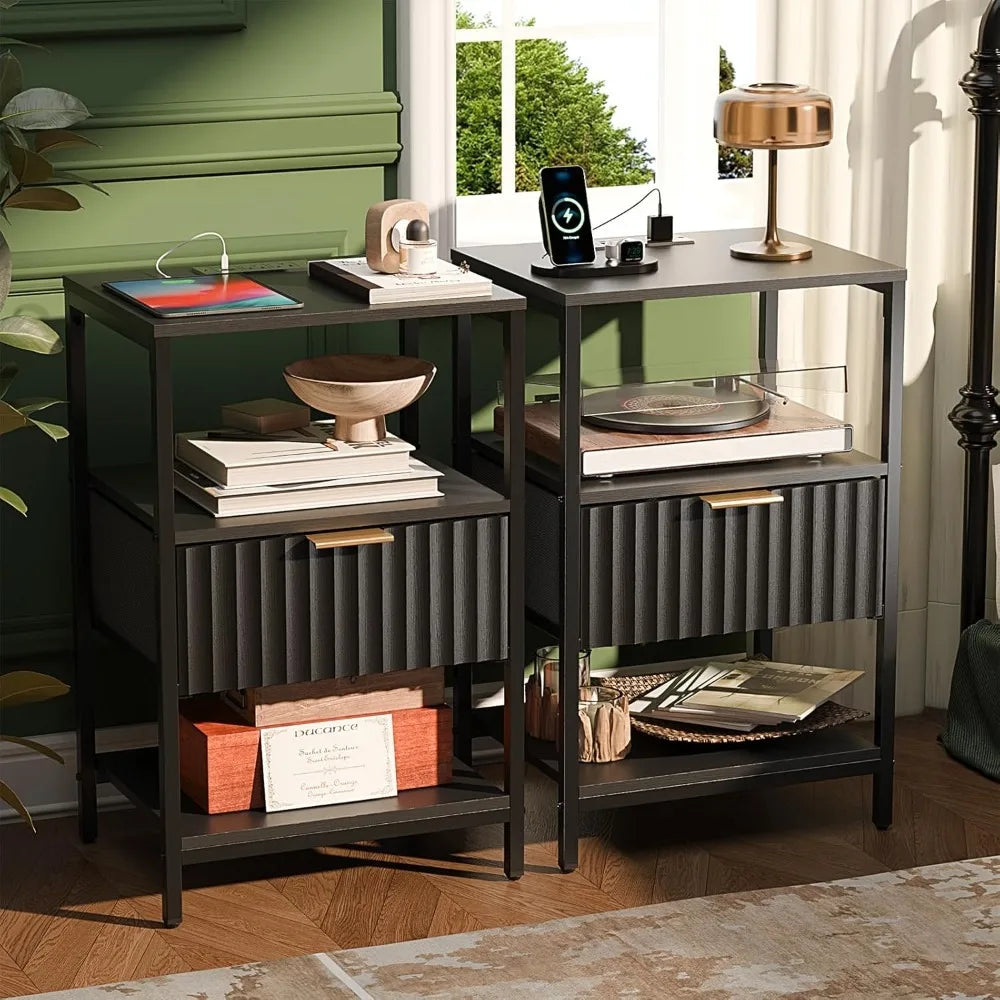Black Nightstands Set of 2 with Fabric Drawers