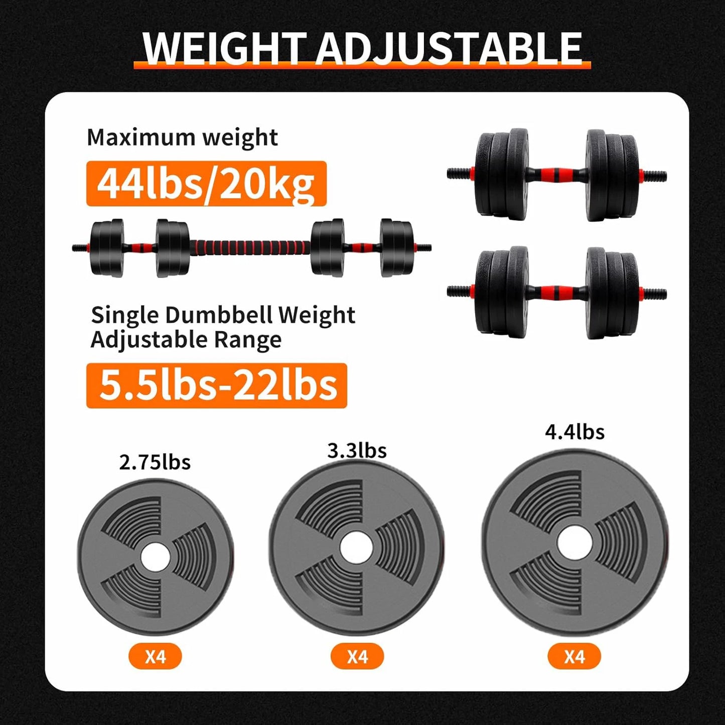 5-44lbs Adjustable Dumbbell, Barbell Set, Anti-Slip Grip
