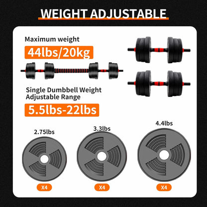 5-44lbs Adjustable Dumbbell, Barbell Set, Anti-Slip Grip