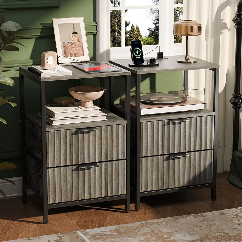Black Nightstands Set of 2 with Fabric Drawers