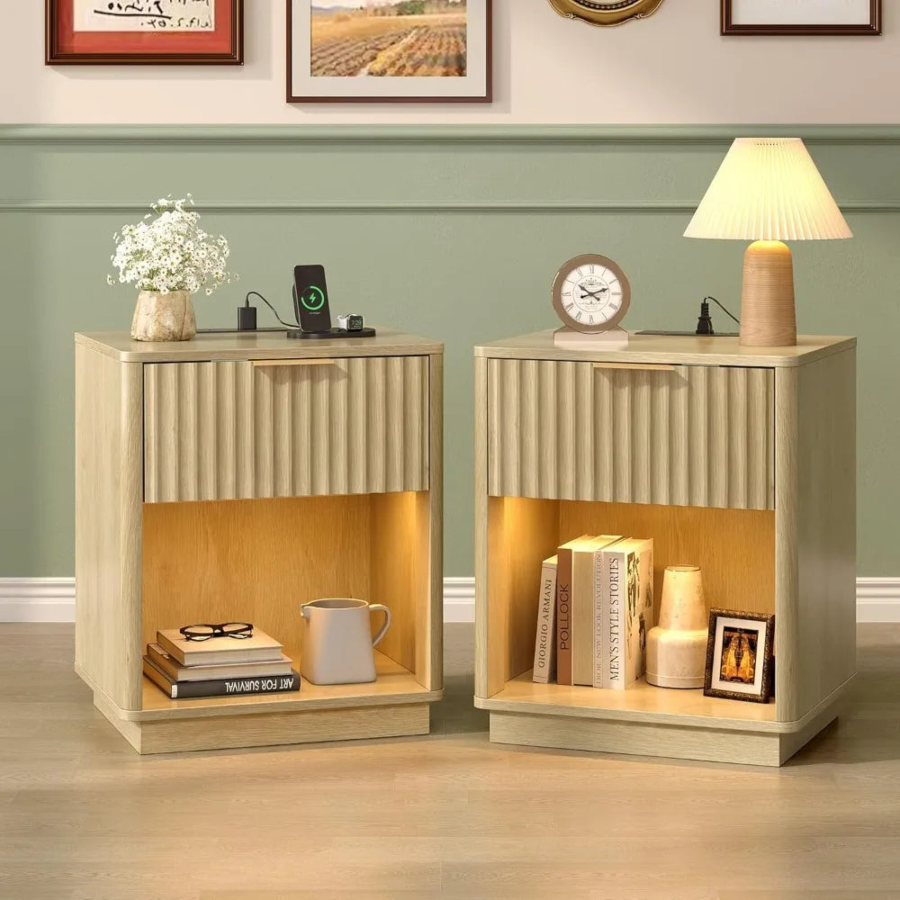 Black Nightstands Set of 2 with Fabric Drawers