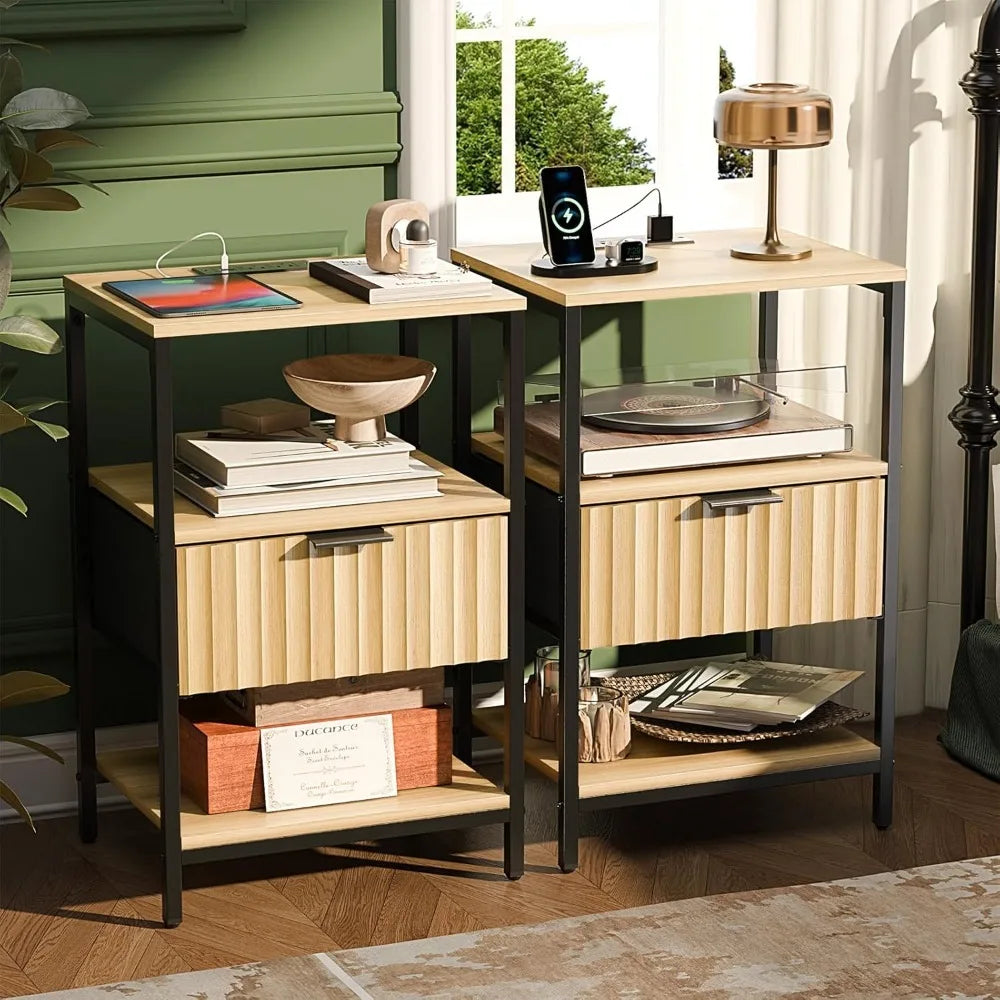 Black Nightstands Set of 2 with Fabric Drawers