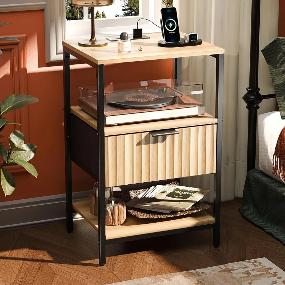 Black Nightstands Set of 2 with Fabric Drawers