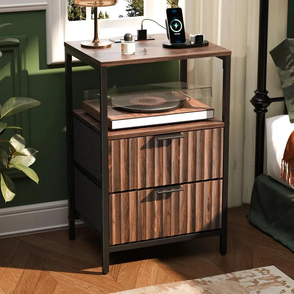 Black Nightstands Set of 2 with Fabric Drawers