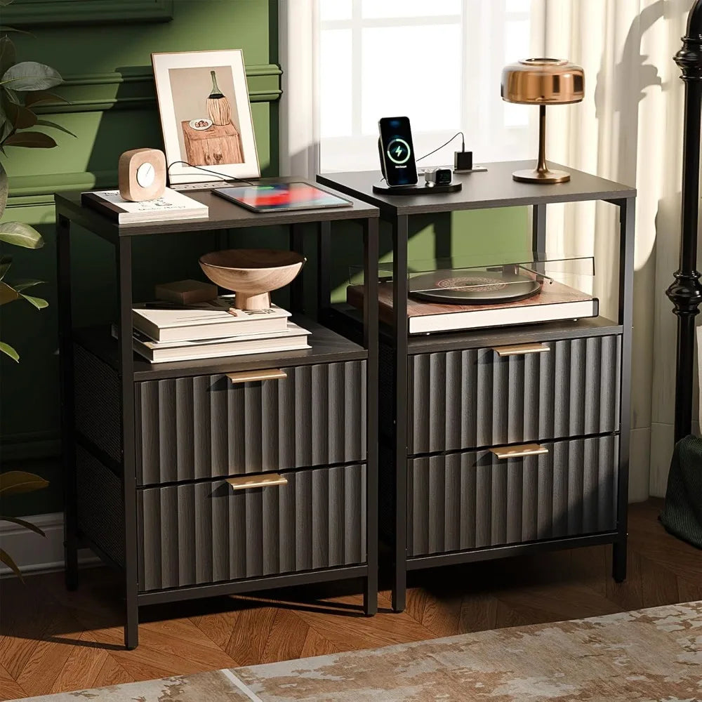 Black Nightstands Set of 2 with Fabric Drawers