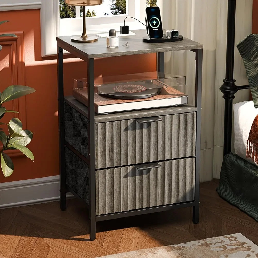 Black Nightstands Set of 2 with Fabric Drawers