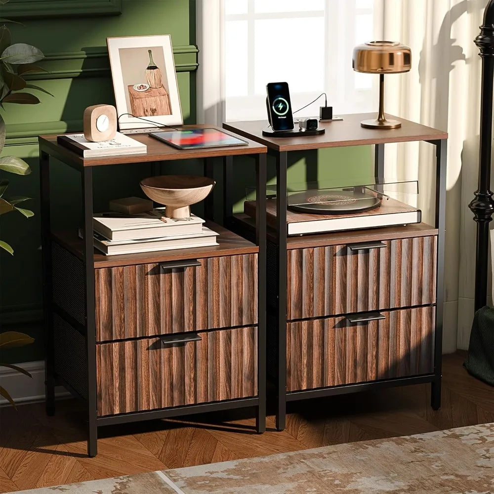 Black Nightstands Set of 2 with Fabric Drawers