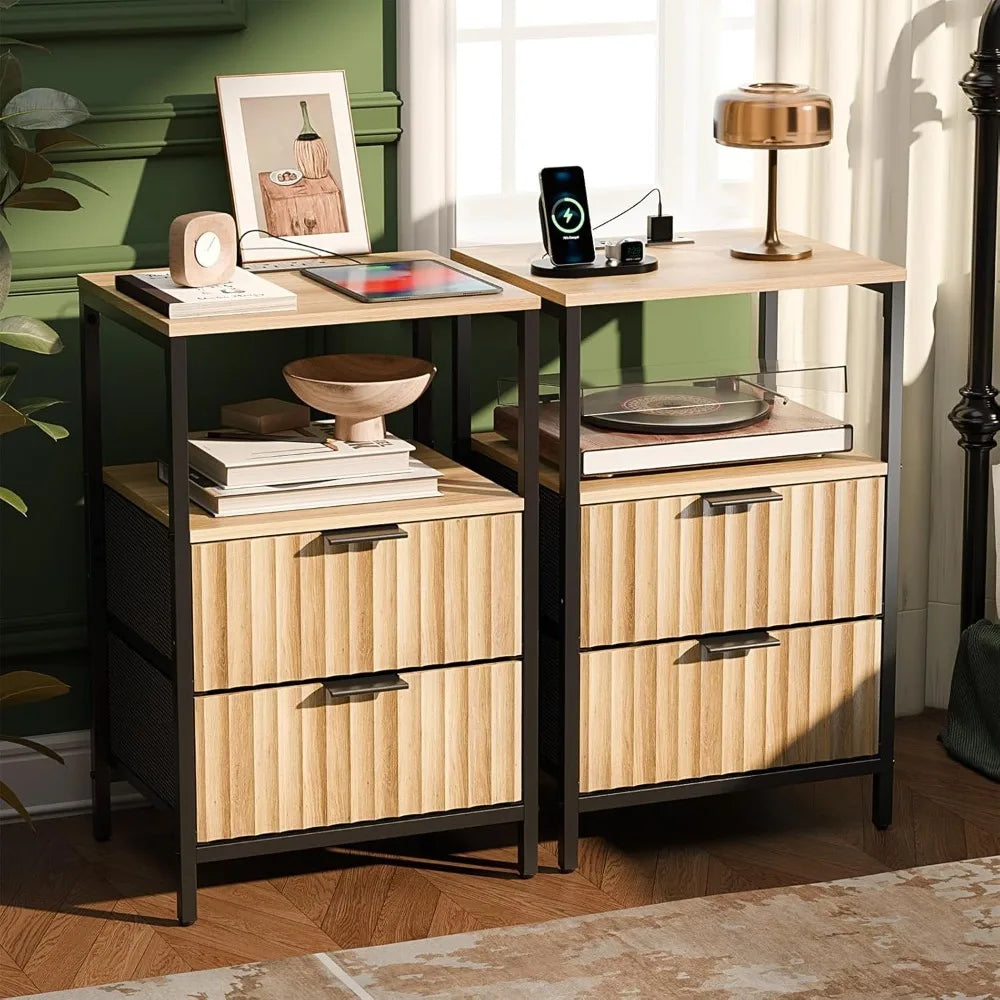 Black Nightstands Set of 2 with Fabric Drawers