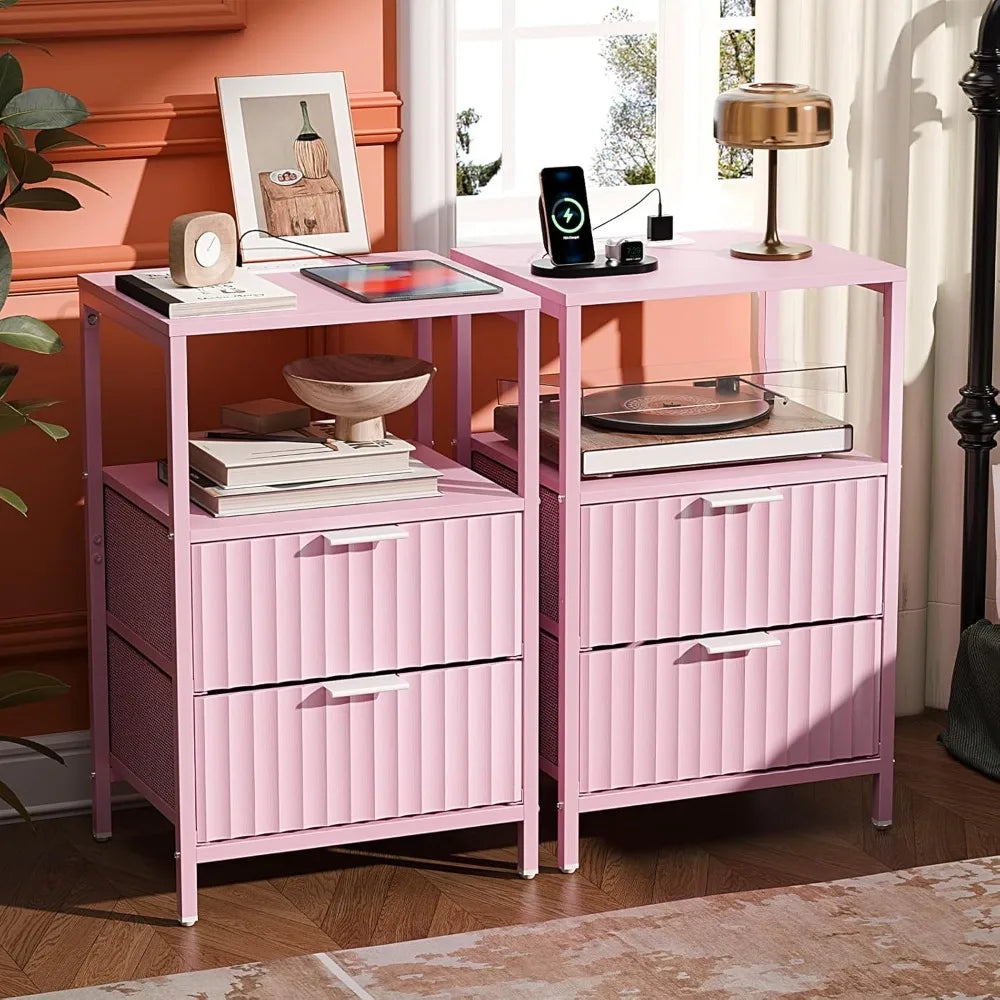Black Nightstands Set of 2 with Fabric Drawers